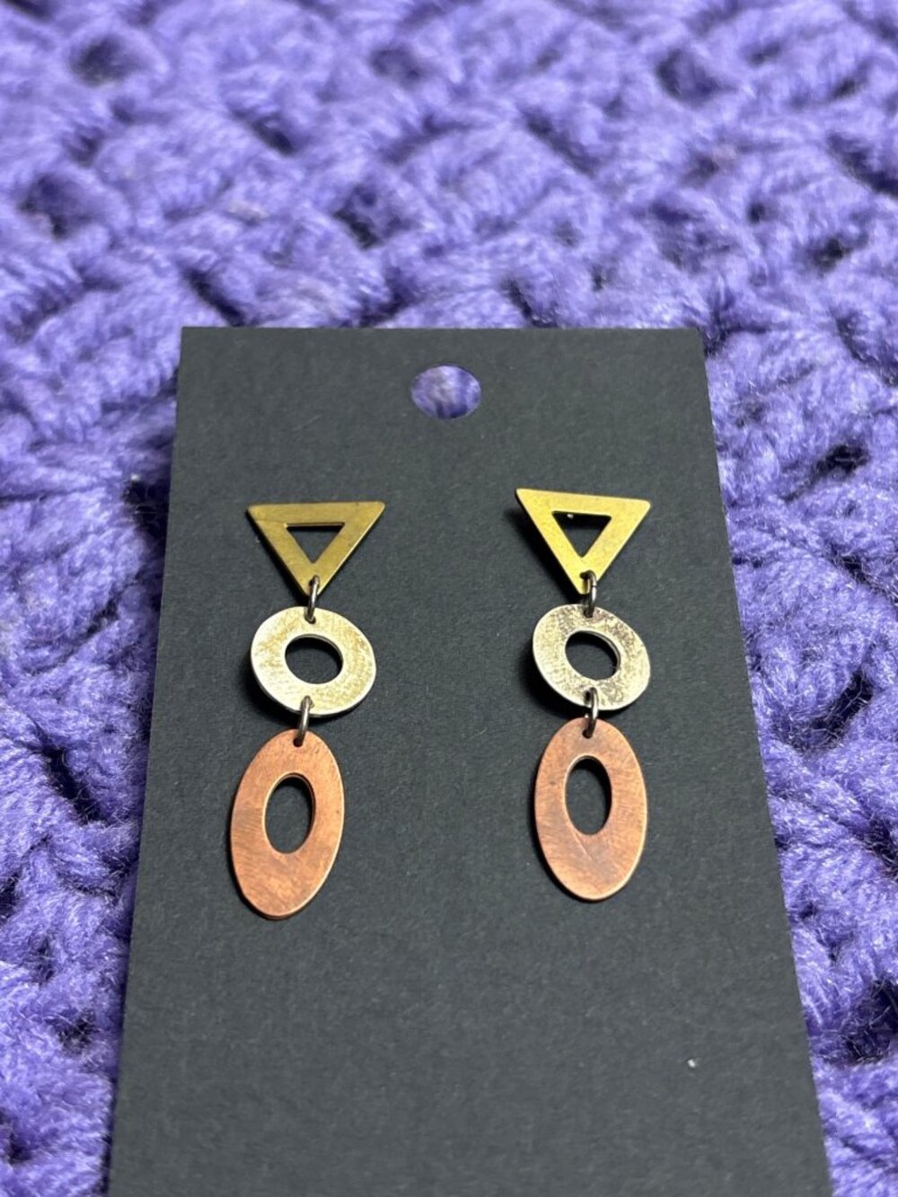 Distressed Rustic Geometric Dangle Earrings 3 Tone Metal 1.5 inches